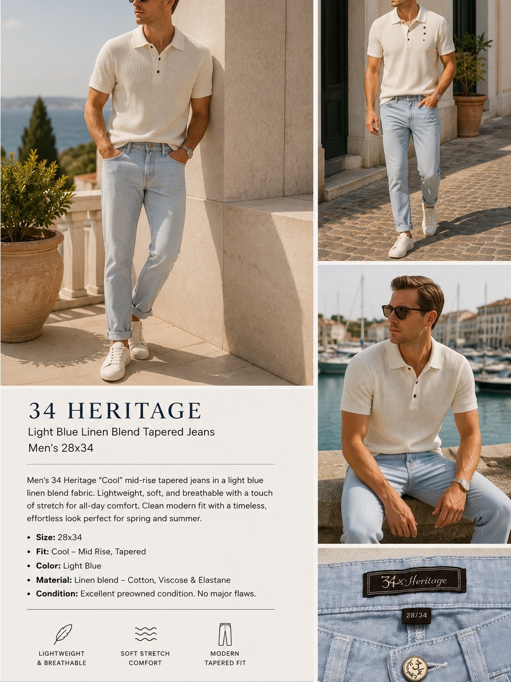 34 Heritage Men’s Light Blue Linen Blend Tapered Jeans 28/34
